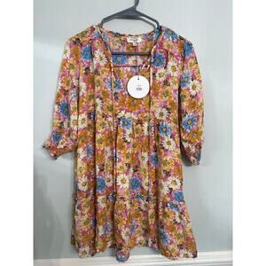 Umgee Floral Babydoll Dress Pink Daisy Print Boho Tiered Small NWT